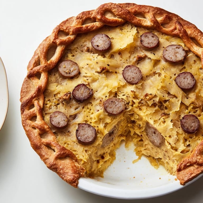 This close-up shows the hearty texture of a Bratwurst & Sauerkraut Pie, fresh from the oven.