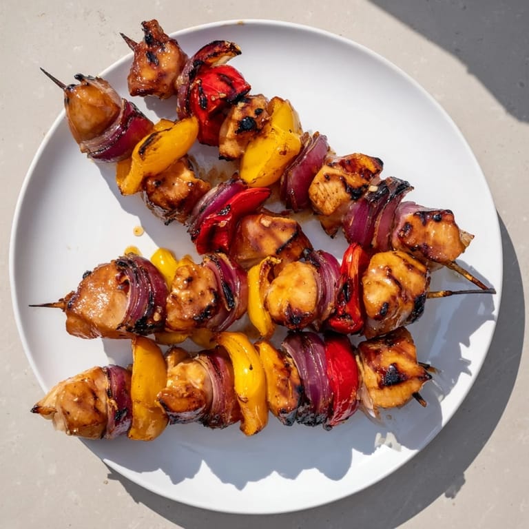 Grilled Glühwein-Marinated Chicken Skewers feature juicy chicken and colorful peppers, a savory German delight.