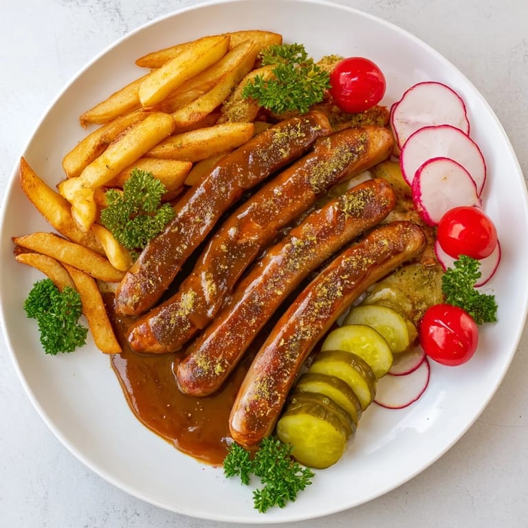 A beautifully arranged Currywurst Board boasts savory sausages with vibrant mustard dips, ready to serve.