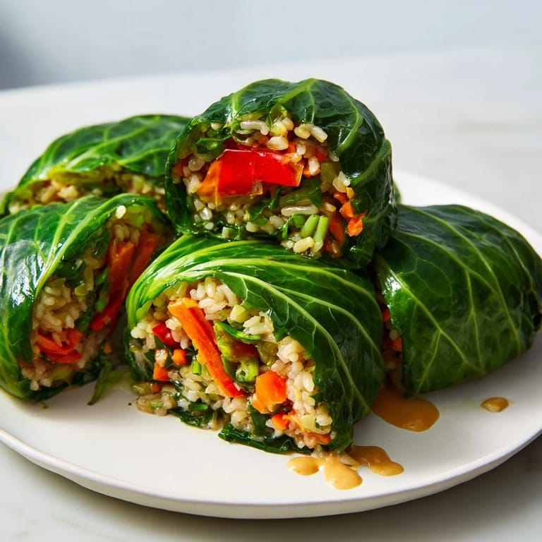 Steaming-hot Savoy Cabbage Rolls with Thai peanut sauce, garnished with fresh cilantro for serving.