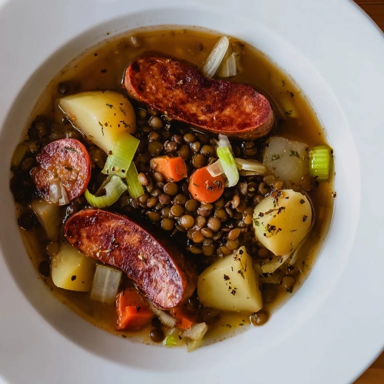 Close-up of the flavorful Instant Pot German Lentil Stew featuring savory chorizo and tender lentils.