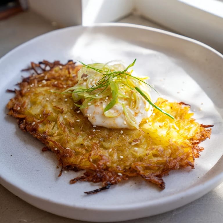 A stack of hot, golden Kartoffelpuffer with a cool kimchi yogurt dip, a delectable appetizer.