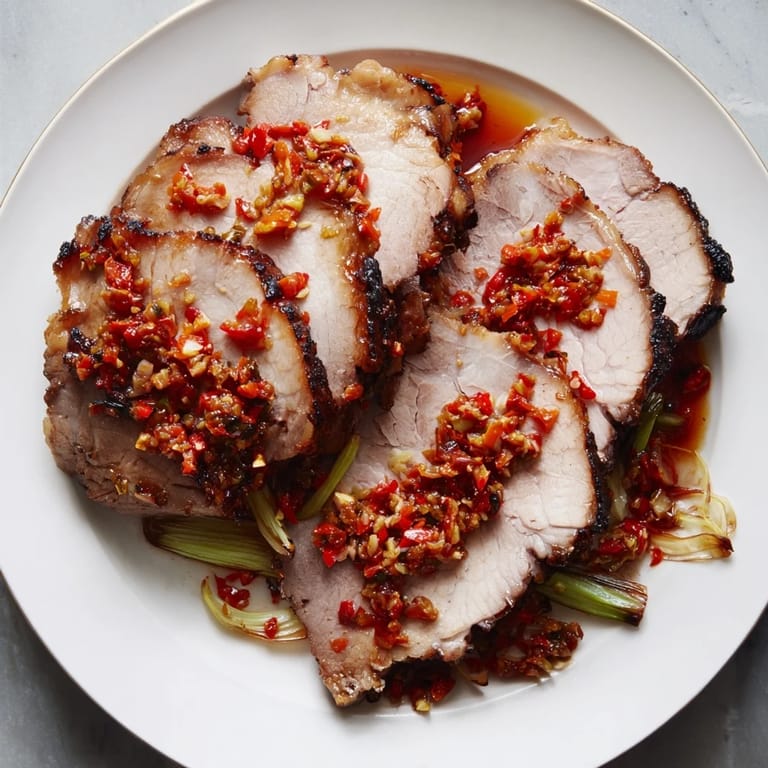 A close-up of sliced Bavarian roast pork, showcasing the crispy skin and juicy meat.