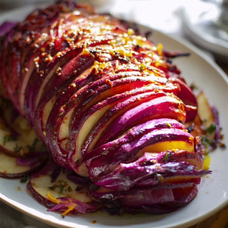 A delicious Spiced Red Cabbage Bake with apples, served with zesty salsa verde as a side.