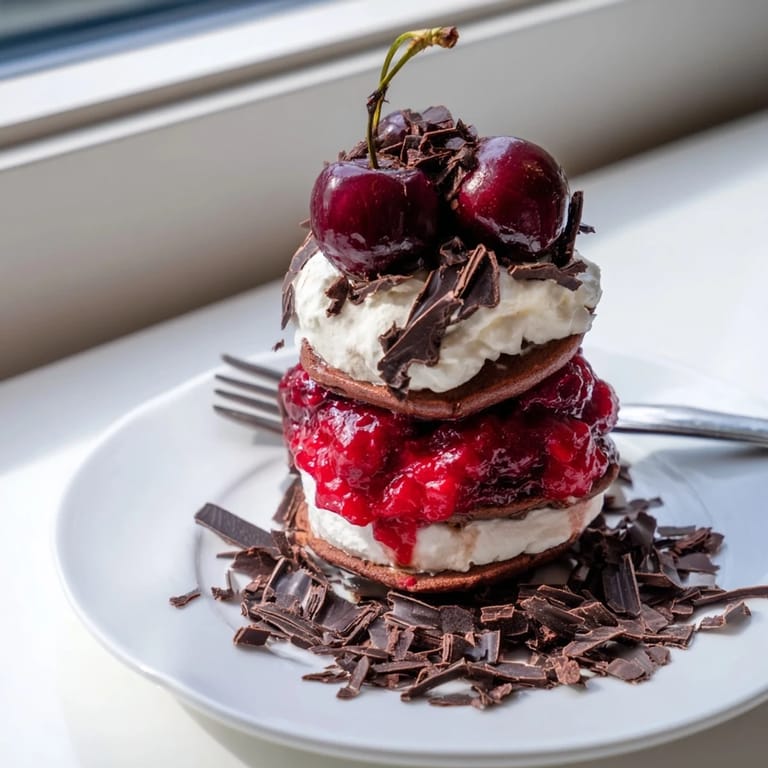 A stack of Black Forest Pancake Minis; a delightful dessert or brunch with sweet cherry compote and whipped cream.