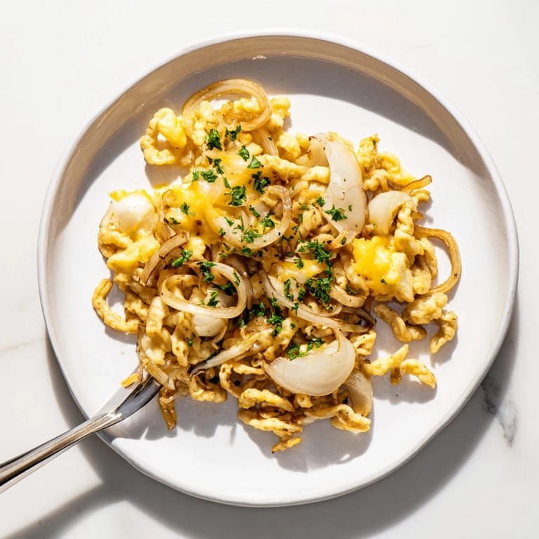 Warm, comforting cheesy spaetzle skillet with caramelized onions, a delicious German-inspired dish.