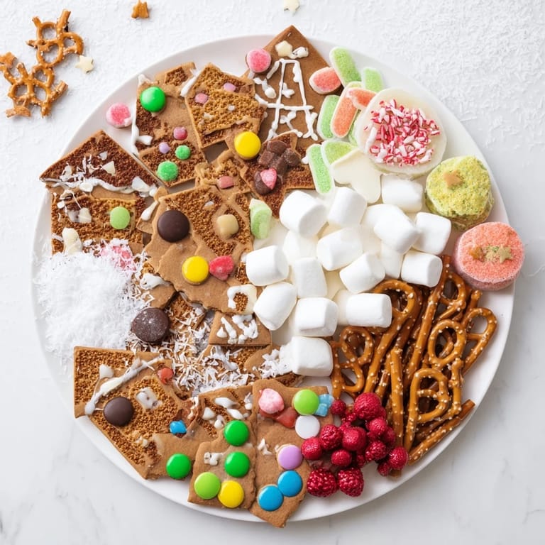 Festive Gingerbread House Board: a close-up of gingerbread pieces with colorful candy decorations.