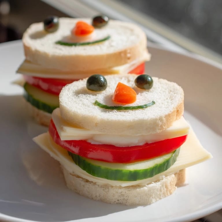 A festive Snowman Sandwich Stack, decorated with black olives and carrot noses for kids' lunch.