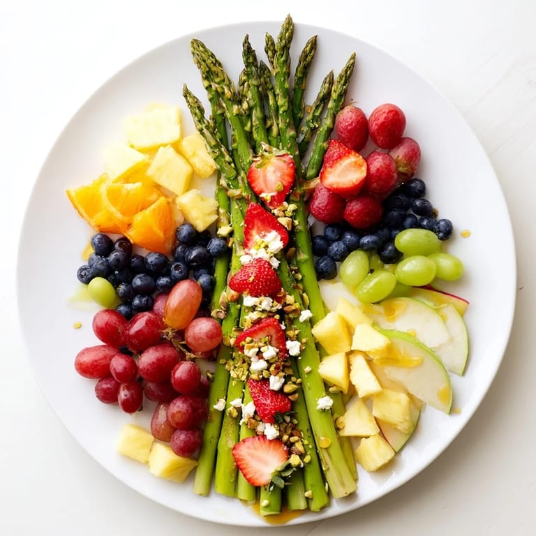 Vivid Asparagus Stem Floral Fruit Board featuring a stunning arrangement of asparagus and vibrant fruits for a light, healthy snack.