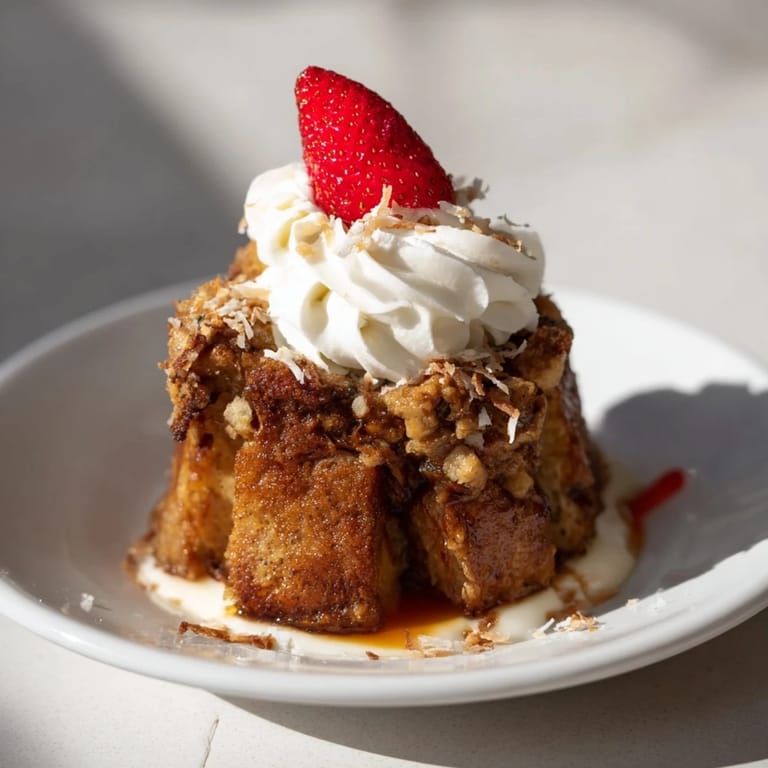 Sweet Santa Hat Bread Pudding Bites ready to serve, featuring strawberries and coconut for Christmas.