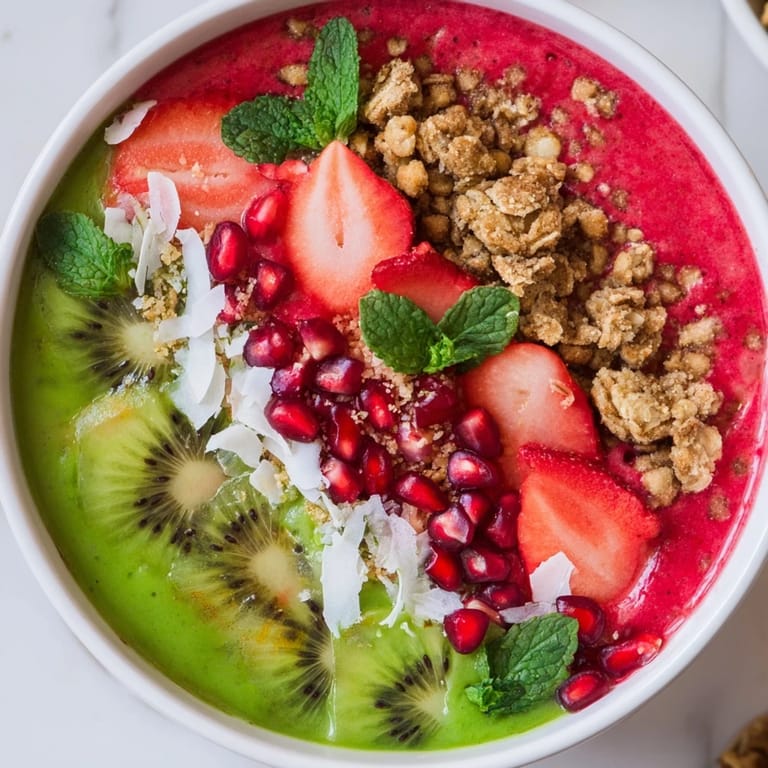 A delightful view of the Festive Red and Green Smoothie Bowls, layered with creamy textures and colorful toppings.