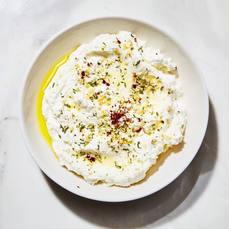 A close-up of the delicious Angel Wings Whipped Feta Dip: smooth and garnished with fresh herbs alongside dippers.