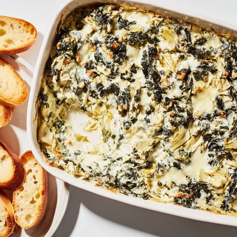 Close-up of creamy spinach artichoke dip, richly golden-brown, perfect for a cozy gathering, ready to enjoy.