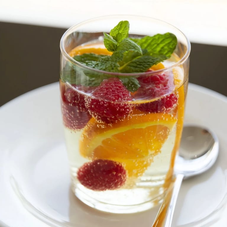 Close-up of vibrant sparkling juice with raspberries, a chilled, bubbly New Year's Eve mocktail.