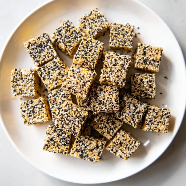 Close-up of everything bagel seasoning cheese cubes coated and ready, a delicious appetizer option.