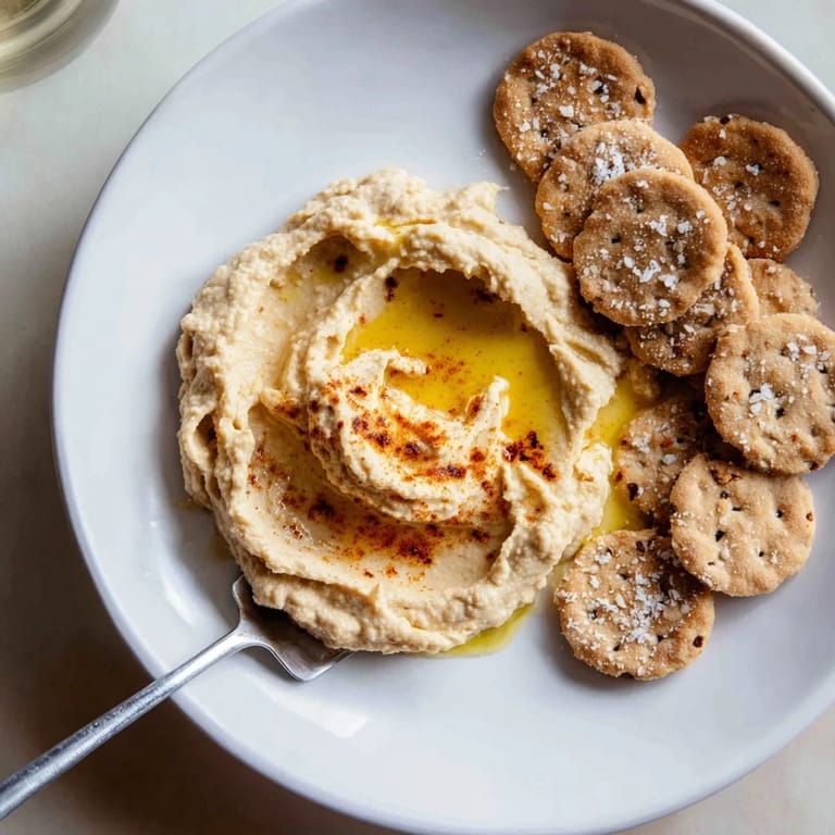 Close-up of crispy rosemary cracker bites and creamy hummus, ideal for dipping and entertaining.