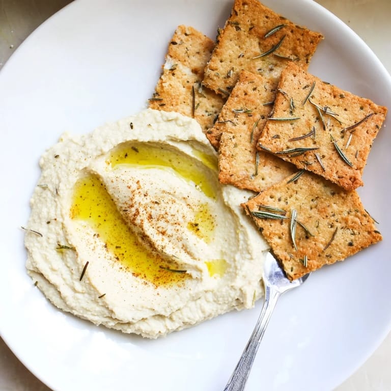 Freshly baked rosemary crackers next to smooth hummus, ready for a delicious holiday snack.