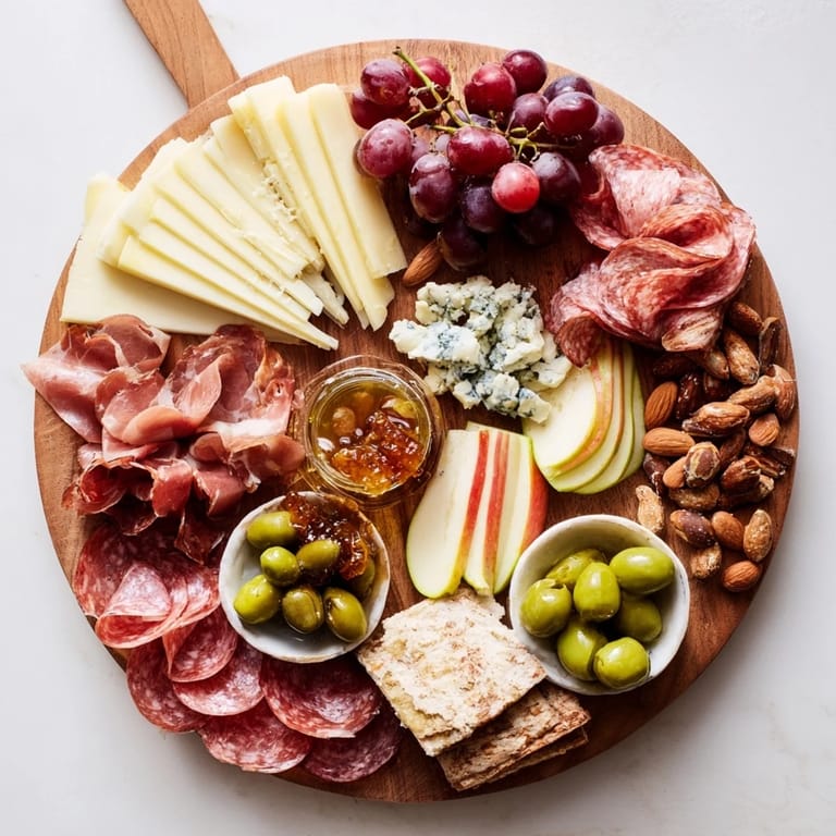Festive Elegant Gilded Edge charcuterie board features a variety of cheeses and meats along the edges for a treat.