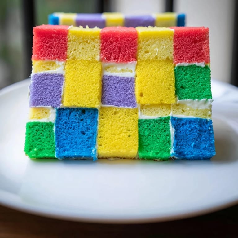 Vibrant patchwork cake, The Cozy Quilt, invites with colorful squares of sponge, perfect for dessert.