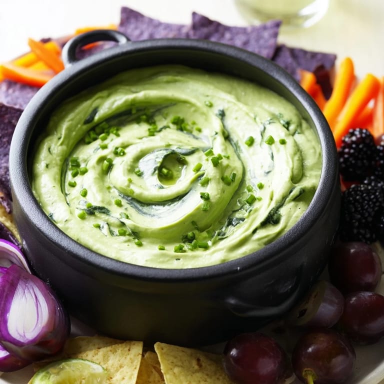 Visual of the festive Witch's Brew Cauldron: Vibrant green dip in a black cauldron presented with black olives.