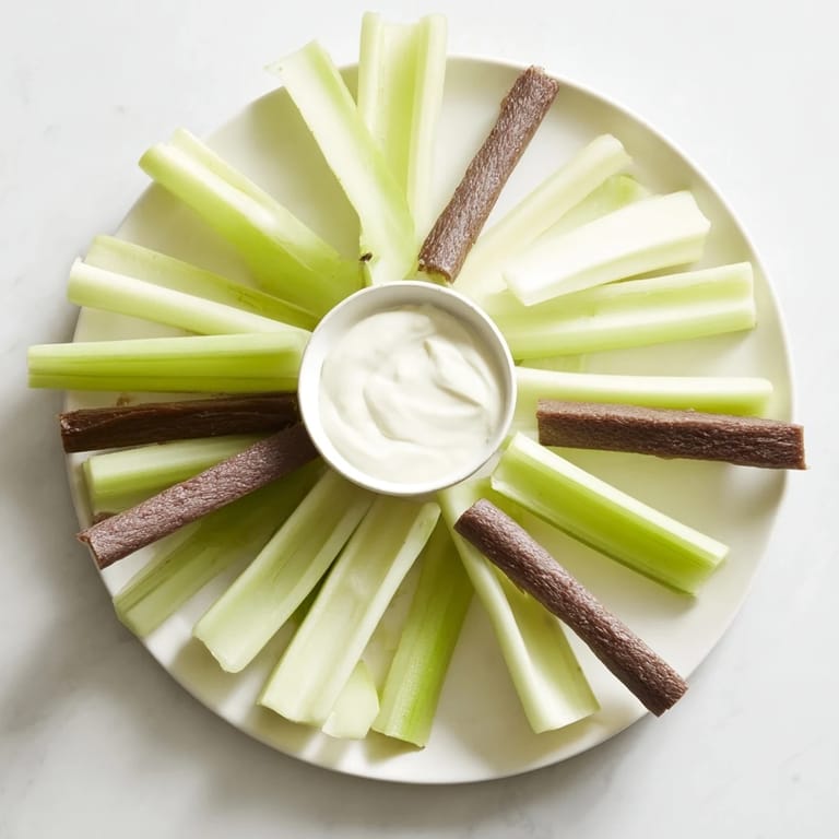 Delicious Rustic Wheel appetizer, an easy-to-make platter with fresh celery and savory meat snacks.