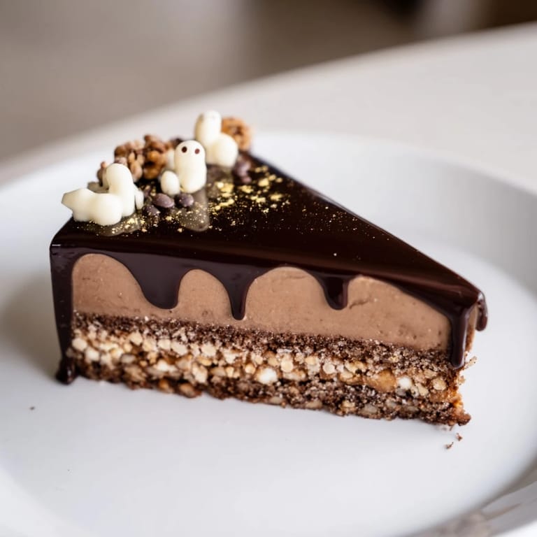 Elegant Plaisirs Sucrés Hibou de la Nuit, a French dessert showcasing a stunning chocolate glaze.