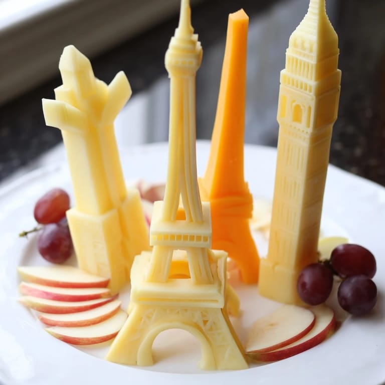 An appetizing Skyline Silhouette appetizer, featuring cheese shaped like city buildings, grapes, and apple slices.