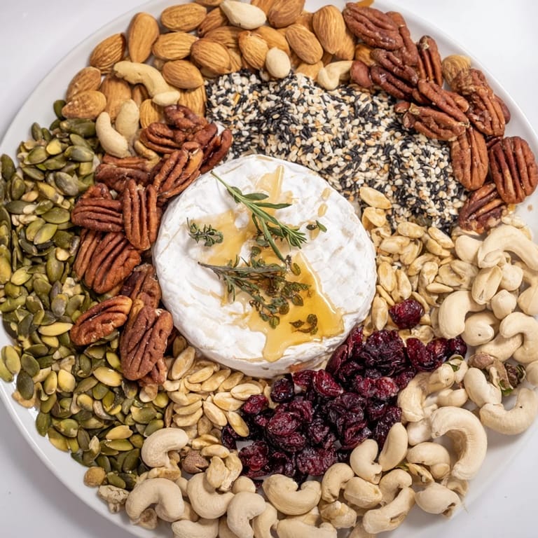 A visually enticing "The Labyrinth" appetizer with a winding path of nuts and seeds leading to creamy cheese.