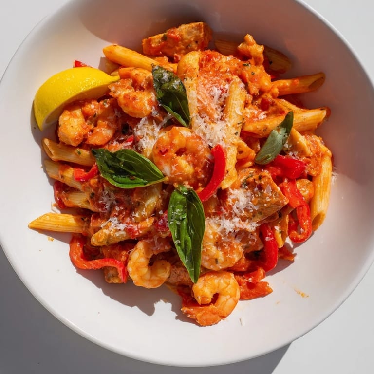 Close-up of a flavorful one-pot Diavola Pasta featuring shrimp, chicken, and a spicy tomato sauce.
