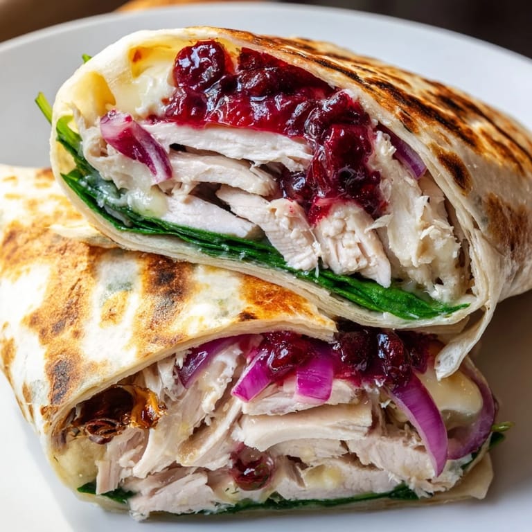 Close-up of a delicious Chicken and Brie Holiday Wrap, ready to eat, with visible ingredients and textures.