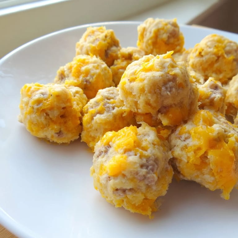 Warm, freshly baked Chicken and Sausage Bisquick Balls, featuring melted cheese and a crispy, browned exterior aroma.