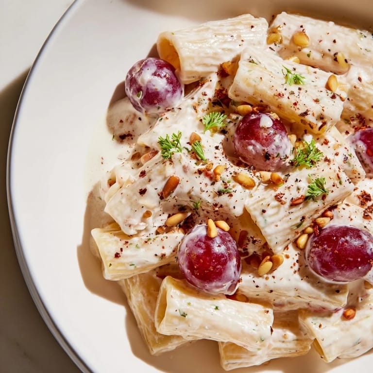 A close-up shot of the Pasta with Roasted Grapes and Ricotta shows juicy grapes and fresh basil.