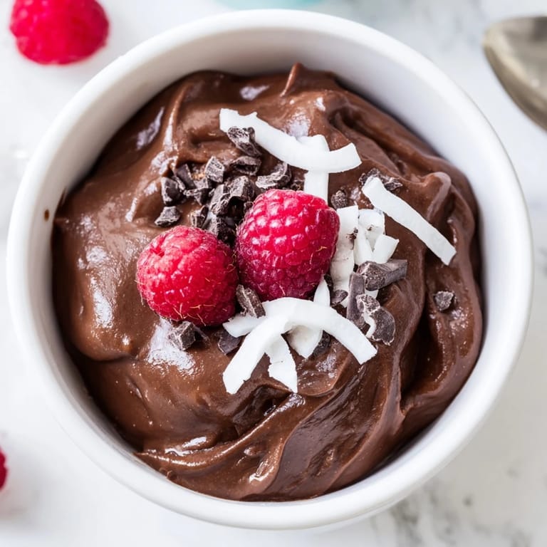 A close-up of a bowl of avocado chocolate pudding, rich and dark, ready to be enjoyed.