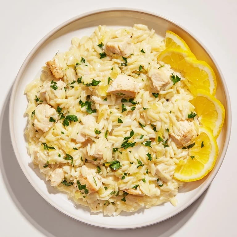 A close-up of finished Creamy Lemon Chicken Orzo, garnished with fresh parsley and lemon slices.