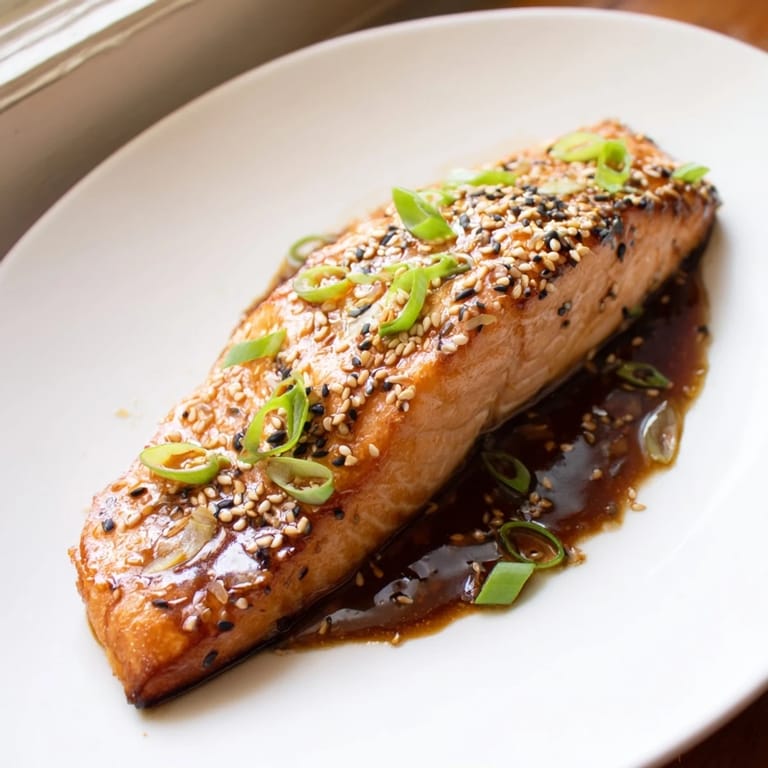 Succulent Ginger Soy Glazed Salmon fillet glistening, topped with sesame seeds, freshly cooked.
