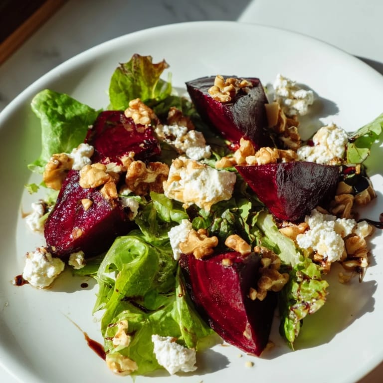 Fresh beet and goat cheese salad, showcasing colorful beets with creamy cheese and a bright vinaigrette.