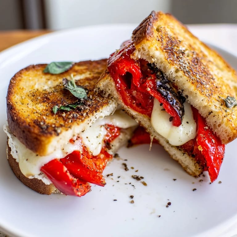 A close-up of a warm Roasted Red Pepper Grilled Cheese, oozing melted goat cheese, perfect for lunch.