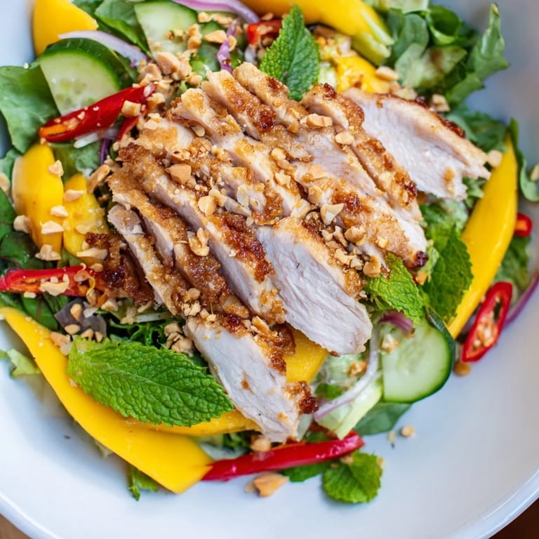 Freshly tossed Thai Mango Chicken Salad, featuring crisp veggies, fragrant herbs, and a spicy dressing.