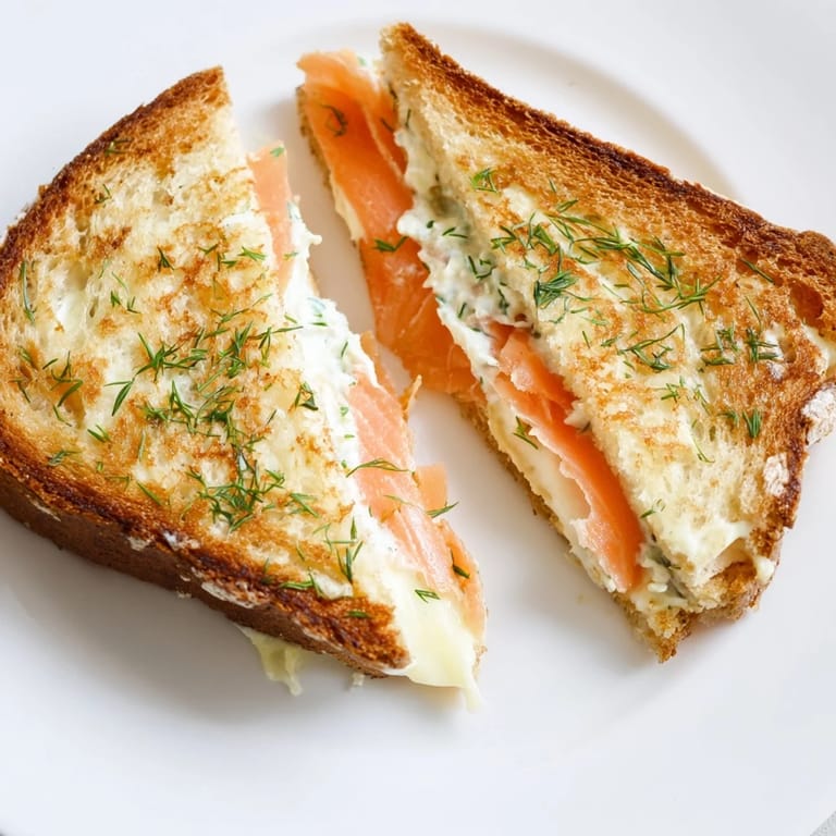 A delicious close-up of a perfectly grilled Smoked Salmon Grilled Cheese sandwich, ready to be eaten.