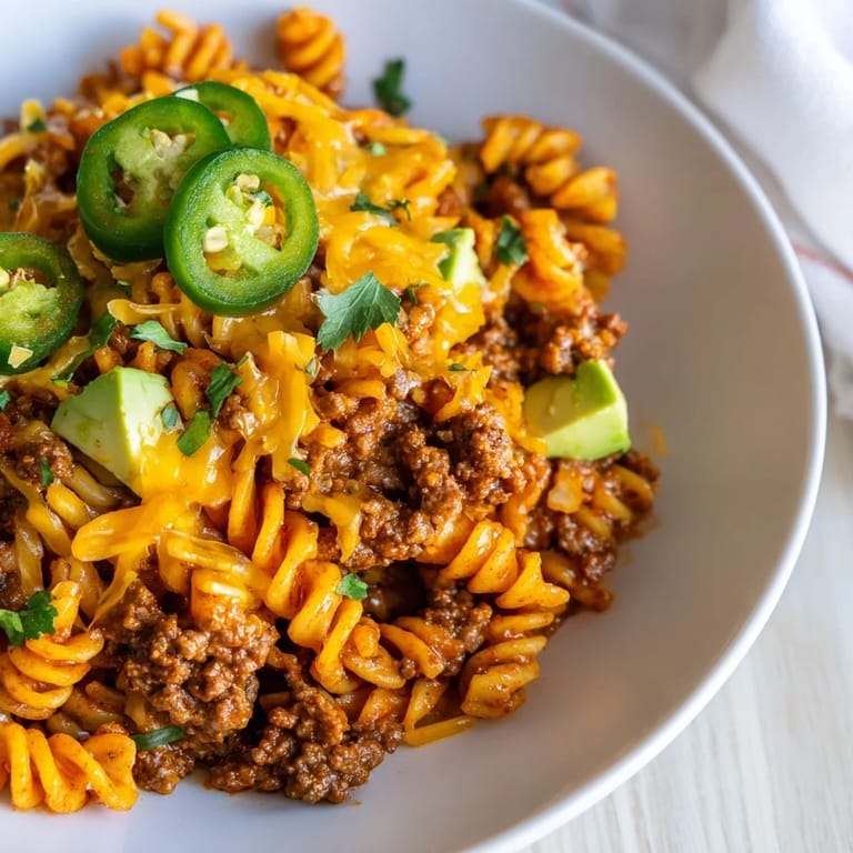 Close-up of a bubbling Beef Taco Pasta Skillet, with visible pasta and savory ground beef.