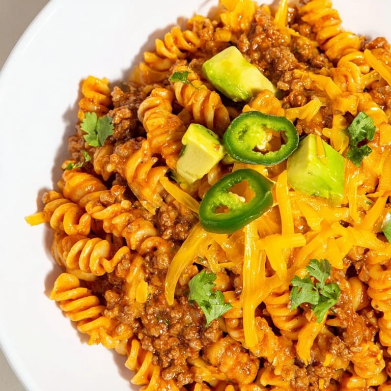 Delicious family-style Beef Taco Pasta Skillet, showcasing the creamy cheese and colorful garnishes.