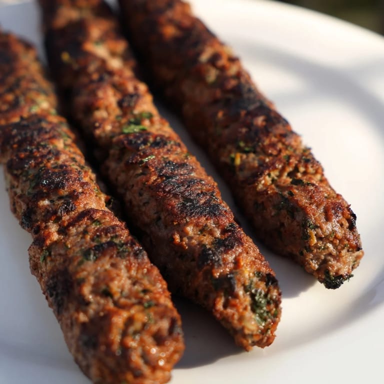 Close-up of Iraqi Kebab Tikka; spiced ground meat skewers with a beautiful grilled crust for serving.