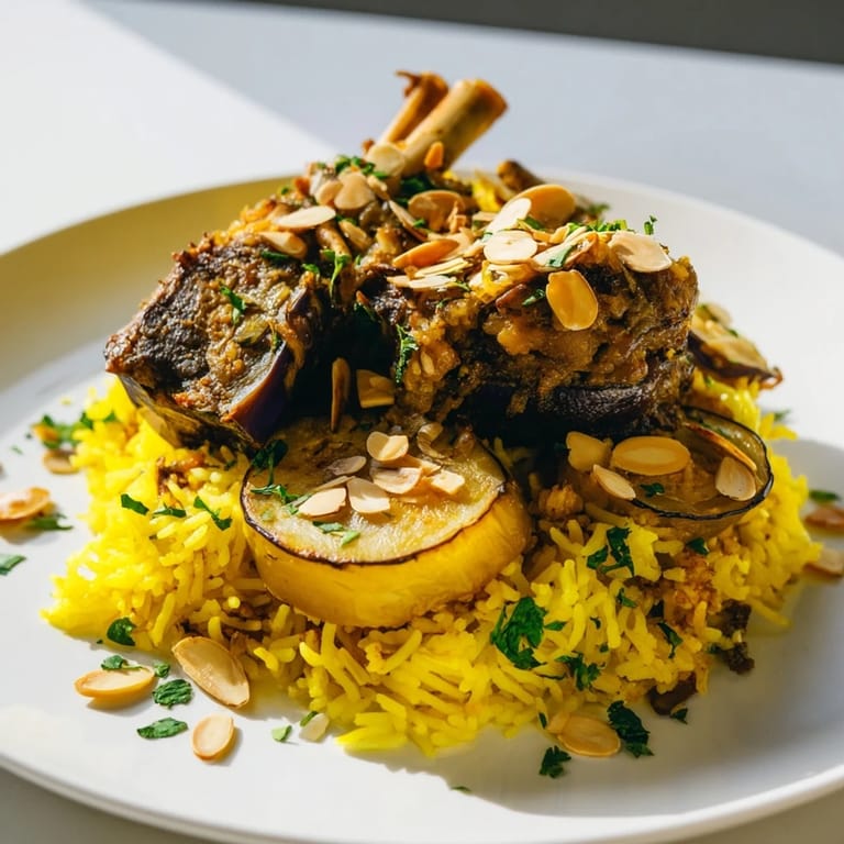 See a stunning Maqluba: Fluffy rice, tender meats, and roasted vegetables are layered carefully before flipping.