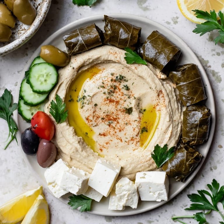 This appealing Turkish meze platter features creamy dips, cheeses, and olives, a feast for any gathering.