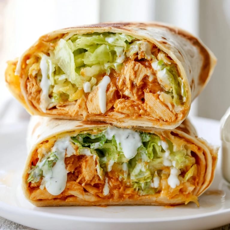 Ein einzelnes Buffalo Ranch Chicken Wrap auf einem rustikalen Tisch, frisch gerollt mit knackigem Salat, geschmolzenem Cheddar und roten Zwiebelringen.
