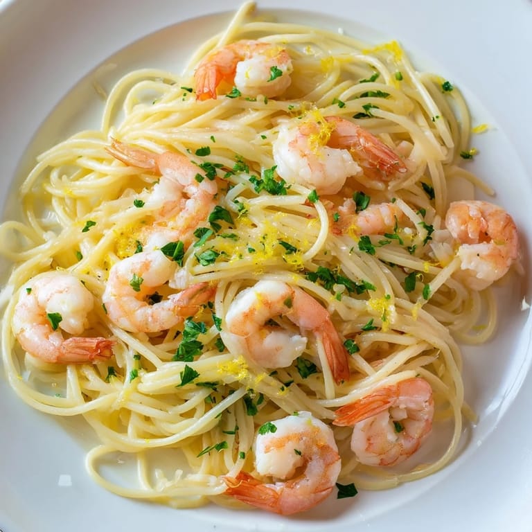 Garnelen-Shrimps-Pasta, goldbraun gebraten, in einer cremigen Knoblauch-Zitronen-Butter-Sauce, umwickelt um al dente Spaghetti und bestreut mit Kräutern.