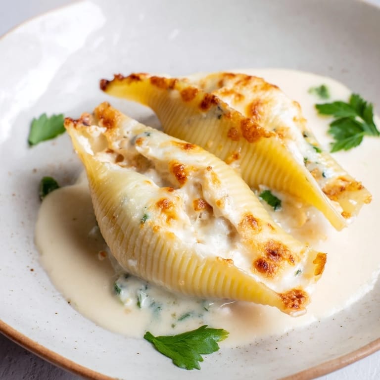 Gooey cheese and rich Alfredo sauce drape over stuffed Chicken Alfredo shells in a cozy, oven-fresh presentation.