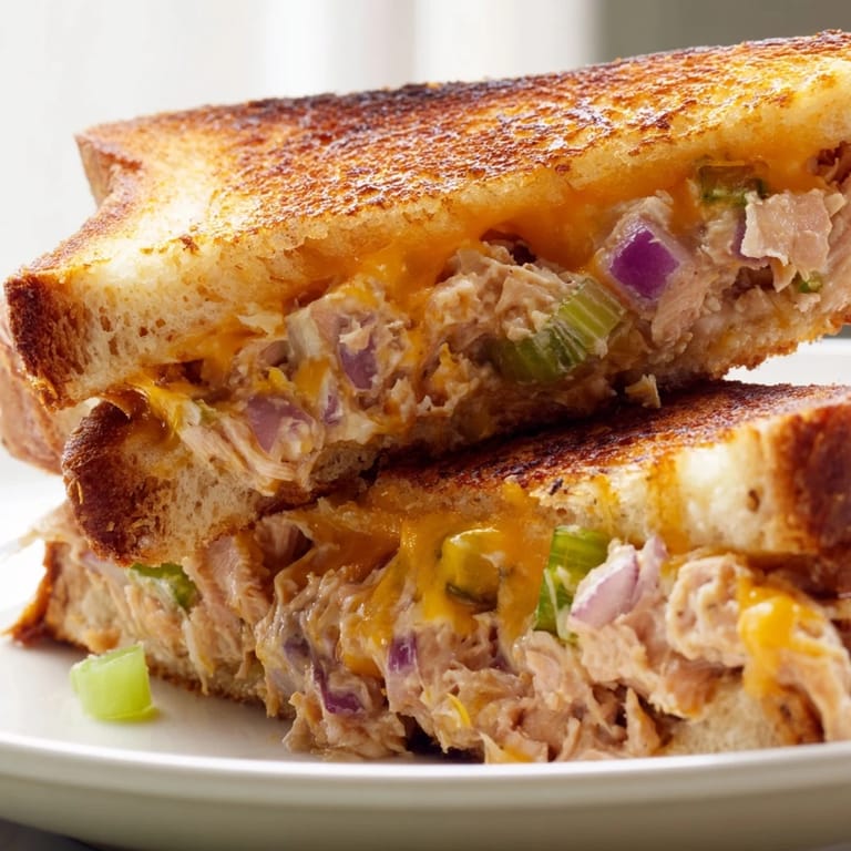 Golden-brown sourdough Spicy Tuna Melt with a spicy kick, served alongside crisp pickles and a fresh green salad on the side.