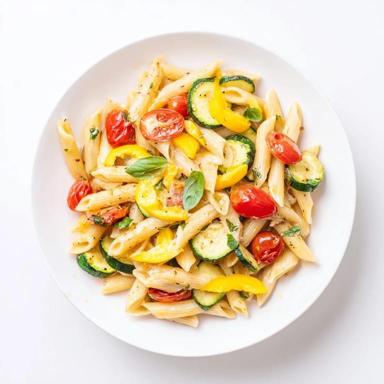 Frisch gebaute Garden Veggie Pasta liegt auf einer Holzplatte, umgeben von knusprigem Gemüse und Parmesan, perfekt für einen sommerlichen Abendessenstisch.