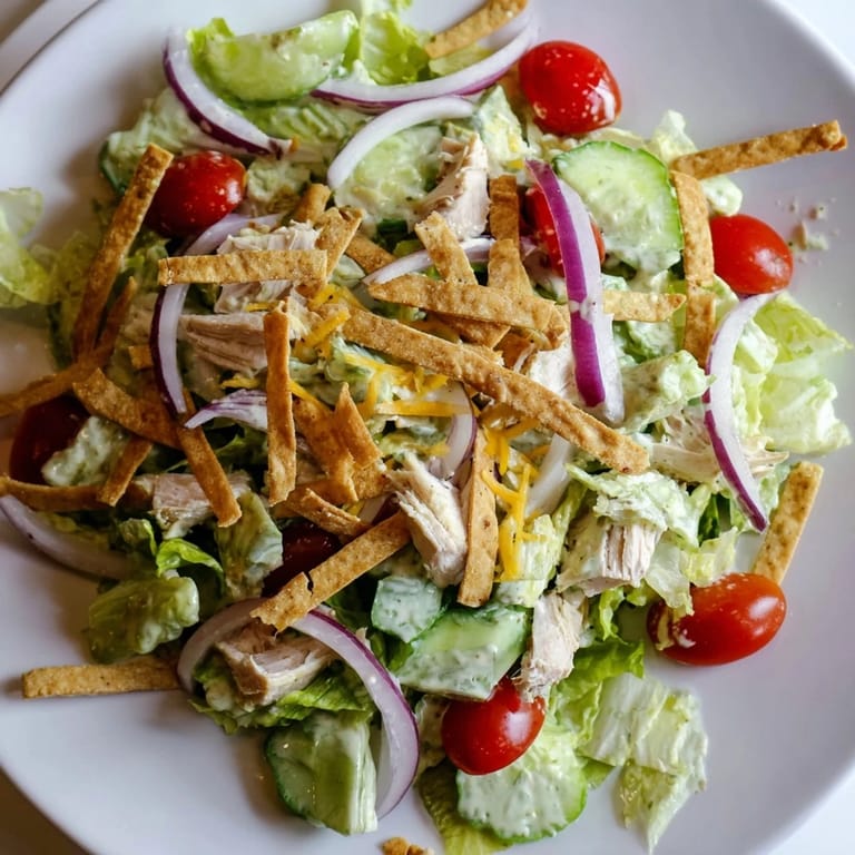 Saftige Hähnchenwürfel in cremiger Jalapeño Ranch Dressing, serviert mit frischen Tomaten und Gurken.